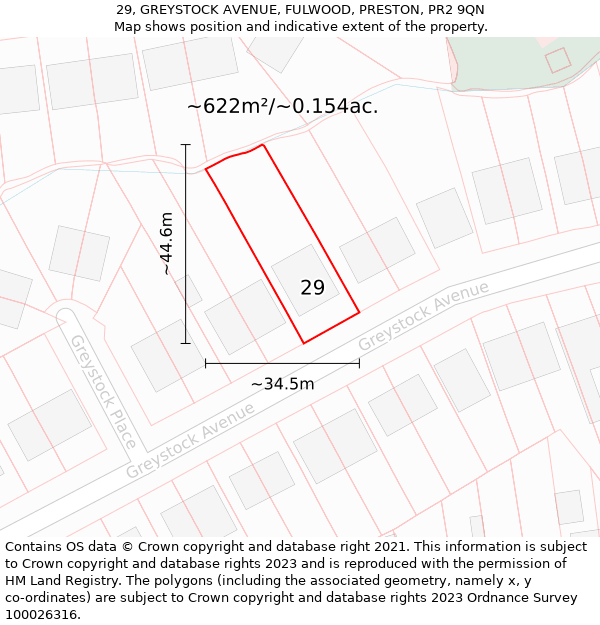 29, GREYSTOCK AVENUE, FULWOOD, PRESTON, PR2 9QN: Plot and title map