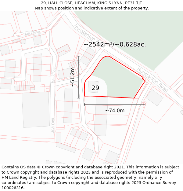 29, HALL CLOSE, HEACHAM, KING'S LYNN, PE31 7JT: Plot and title map