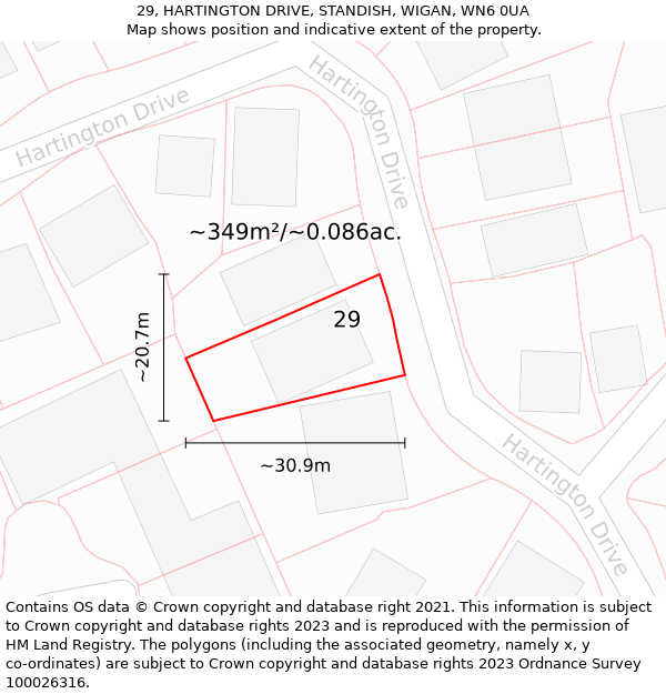 29, HARTINGTON DRIVE, STANDISH, WIGAN, WN6 0UA: Plot and title map