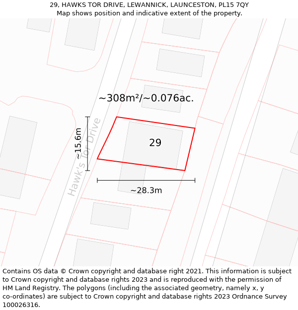 29, HAWKS TOR DRIVE, LEWANNICK, LAUNCESTON, PL15 7QY: Plot and title map