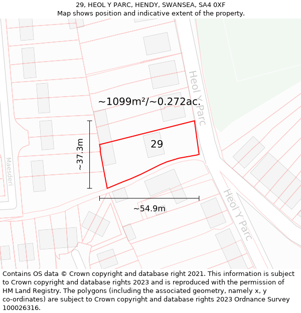 29, HEOL Y PARC, HENDY, SWANSEA, SA4 0XF: Plot and title map