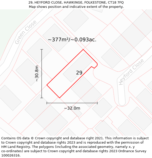 29, HEYFORD CLOSE, HAWKINGE, FOLKESTONE, CT18 7FQ: Plot and title map