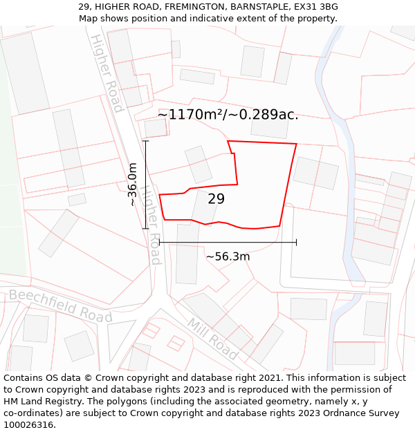 29, HIGHER ROAD, FREMINGTON, BARNSTAPLE, EX31 3BG: Plot and title map