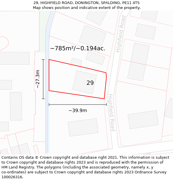 29, HIGHFIELD ROAD, DONINGTON, SPALDING, PE11 4TS: Plot and title map