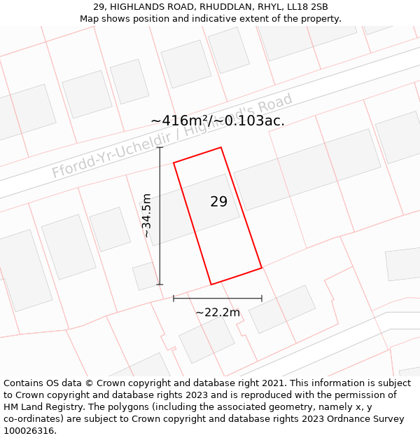 29, HIGHLANDS ROAD, RHUDDLAN, RHYL, LL18 2SB: Plot and title map