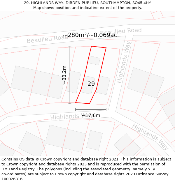 29, HIGHLANDS WAY, DIBDEN PURLIEU, SOUTHAMPTON, SO45 4HY: Plot and title map