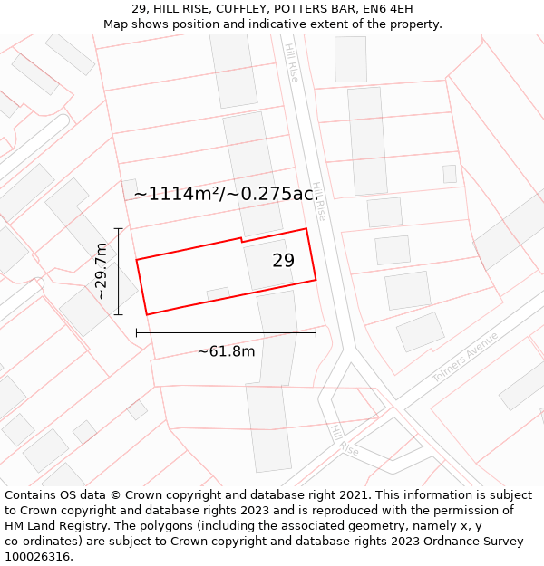 29, HILL RISE, CUFFLEY, POTTERS BAR, EN6 4EH: Plot and title map