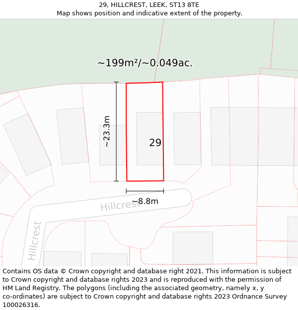 29, HILLCREST, LEEK, ST13 8TE: Plot and title map