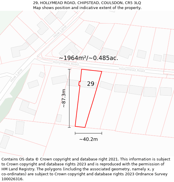 29, HOLLYMEAD ROAD, CHIPSTEAD, COULSDON, CR5 3LQ: Plot and title map