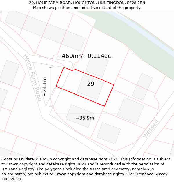 29, HOME FARM ROAD, HOUGHTON, HUNTINGDON, PE28 2BN: Plot and title map