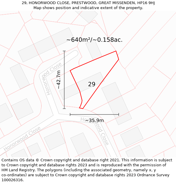 29, HONORWOOD CLOSE, PRESTWOOD, GREAT MISSENDEN, HP16 9HJ: Plot and title map