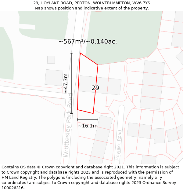 29, HOYLAKE ROAD, PERTON, WOLVERHAMPTON, WV6 7YS: Plot and title map