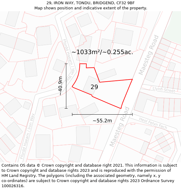 29, IRON WAY, TONDU, BRIDGEND, CF32 9BF: Plot and title map