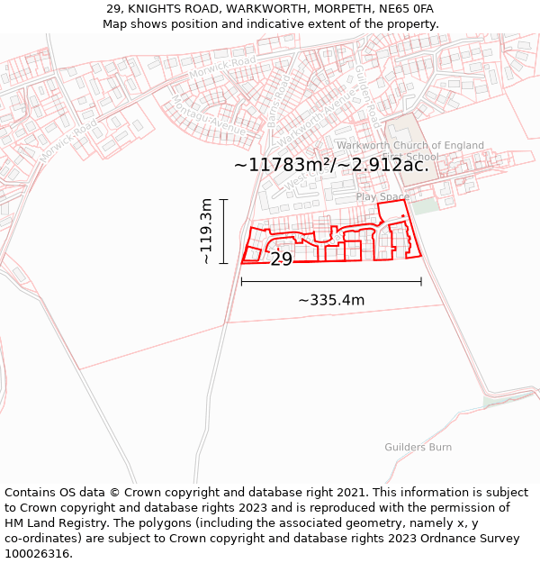 29, KNIGHTS ROAD, WARKWORTH, MORPETH, NE65 0FA: Plot and title map