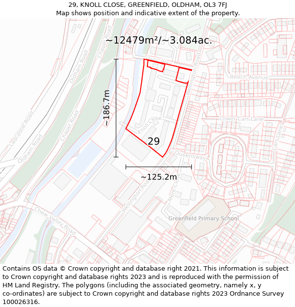 29, KNOLL CLOSE, GREENFIELD, OLDHAM, OL3 7FJ: Plot and title map