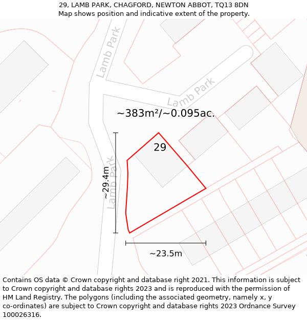 29, LAMB PARK, CHAGFORD, NEWTON ABBOT, TQ13 8DN: Plot and title map