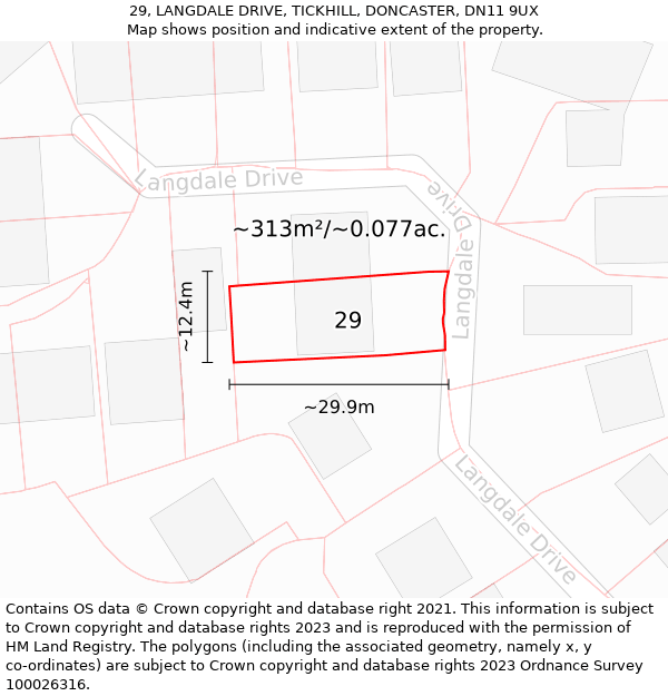 29, LANGDALE DRIVE, TICKHILL, DONCASTER, DN11 9UX: Plot and title map