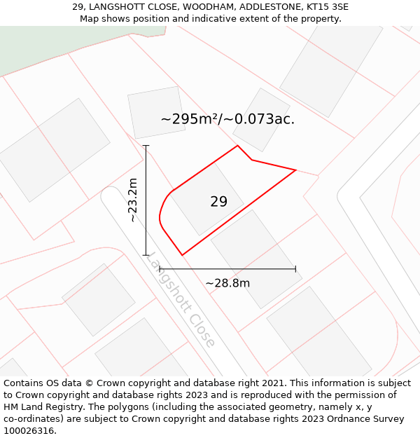 29, LANGSHOTT CLOSE, WOODHAM, ADDLESTONE, KT15 3SE: Plot and title map