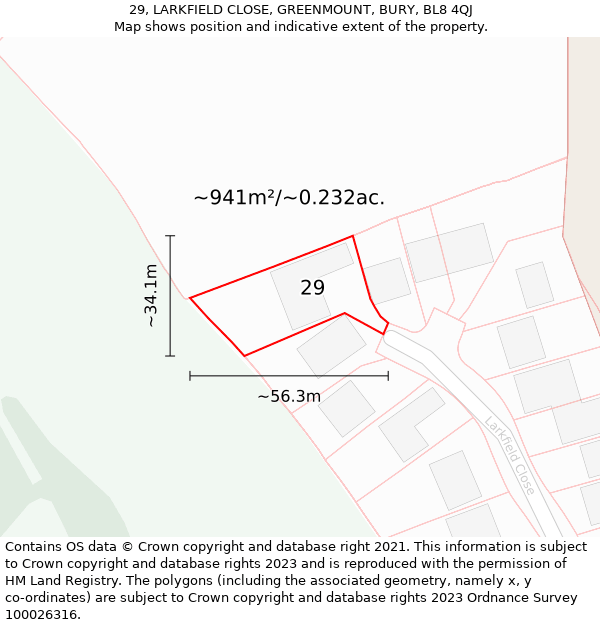 29, LARKFIELD CLOSE, GREENMOUNT, BURY, BL8 4QJ: Plot and title map