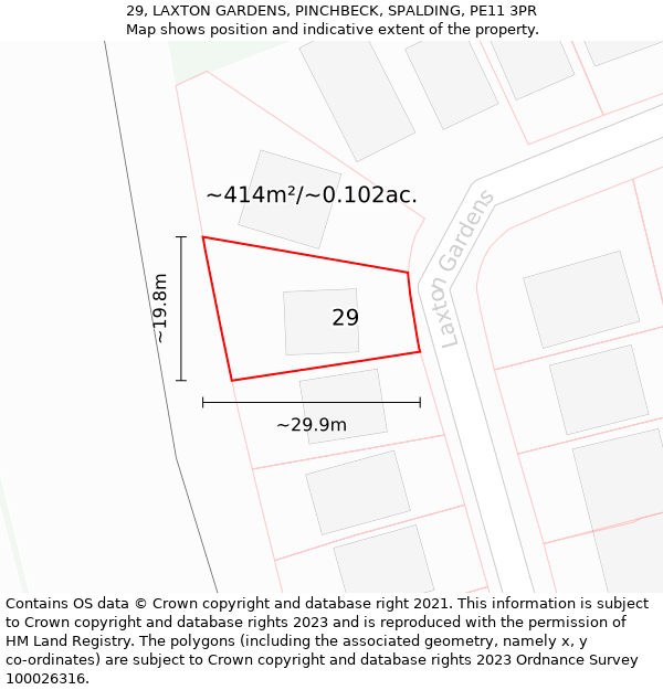 29, LAXTON GARDENS, PINCHBECK, SPALDING, PE11 3PR: Plot and title map
