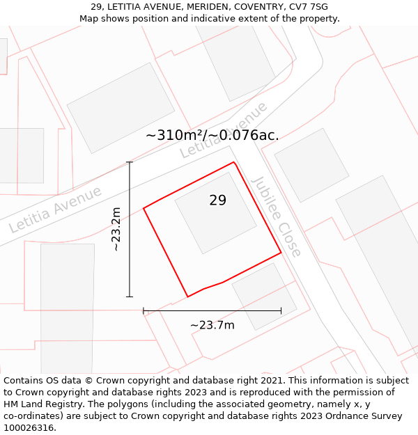 29, LETITIA AVENUE, MERIDEN, COVENTRY, CV7 7SG: Plot and title map