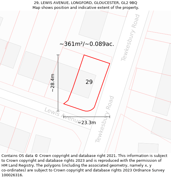 29, LEWIS AVENUE, LONGFORD, GLOUCESTER, GL2 9BQ: Plot and title map