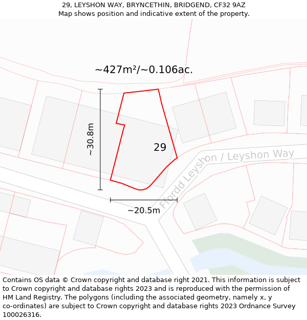 29, LEYSHON WAY, BRYNCETHIN, BRIDGEND, CF32 9AZ: Plot and title map