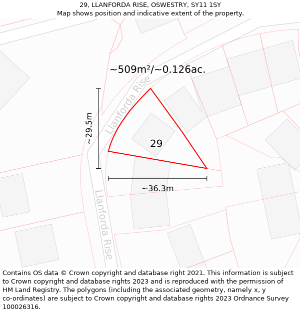 29, LLANFORDA RISE, OSWESTRY, SY11 1SY: Plot and title map