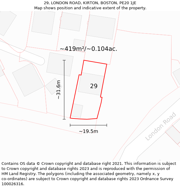 29, LONDON ROAD, KIRTON, BOSTON, PE20 1JE: Plot and title map