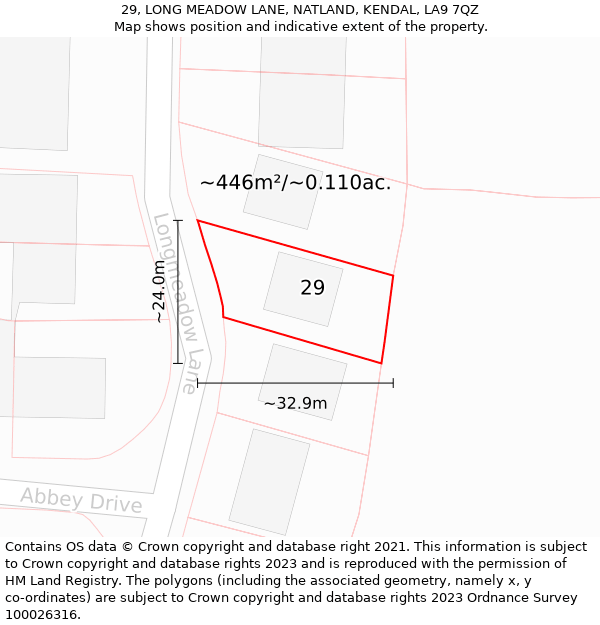 29, LONG MEADOW LANE, NATLAND, KENDAL, LA9 7QZ: Plot and title map