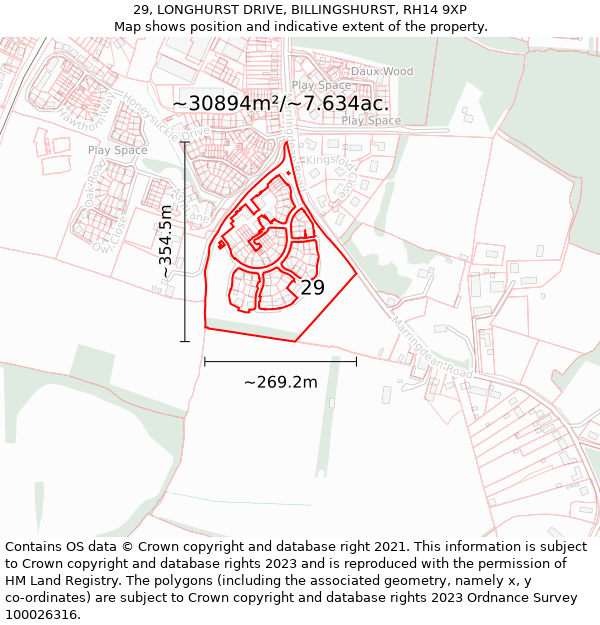 29, LONGHURST DRIVE, BILLINGSHURST, RH14 9XP: Plot and title map