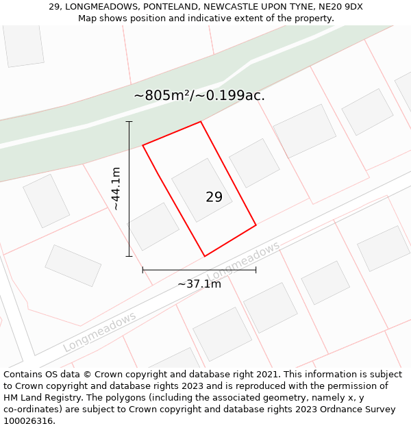 29, LONGMEADOWS, PONTELAND, NEWCASTLE UPON TYNE, NE20 9DX: Plot and title map