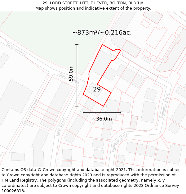 29, LORD STREET, LITTLE LEVER, BOLTON, BL3 1JA: Plot and title map