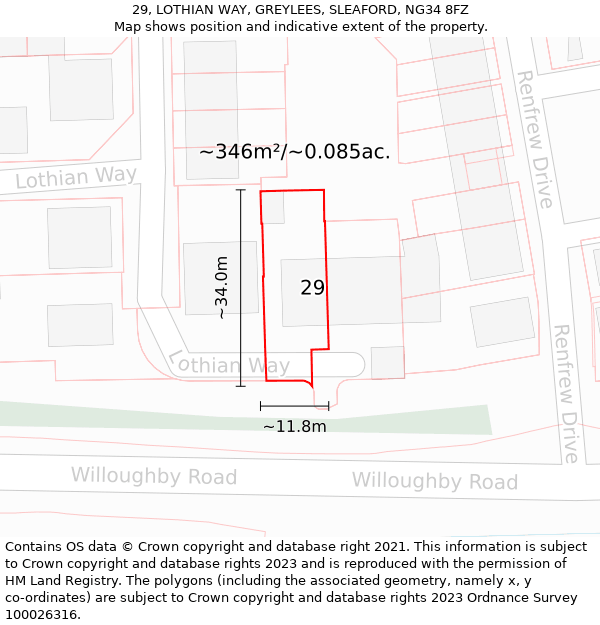 29, LOTHIAN WAY, GREYLEES, SLEAFORD, NG34 8FZ: Plot and title map