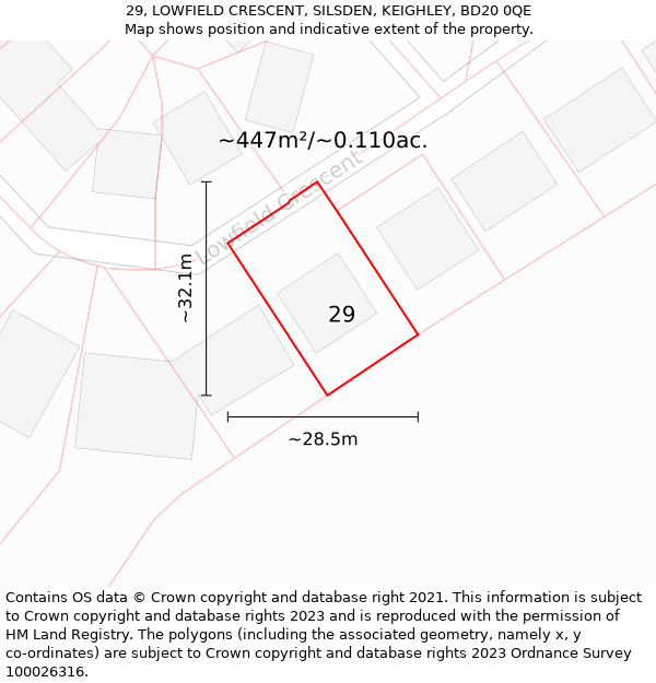 29, LOWFIELD CRESCENT, SILSDEN, KEIGHLEY, BD20 0QE: Plot and title map