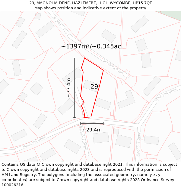 29, MAGNOLIA DENE, HAZLEMERE, HIGH WYCOMBE, HP15 7QE: Plot and title map