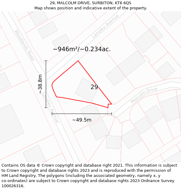 29, MALCOLM DRIVE, SURBITON, KT6 6QS: Plot and title map