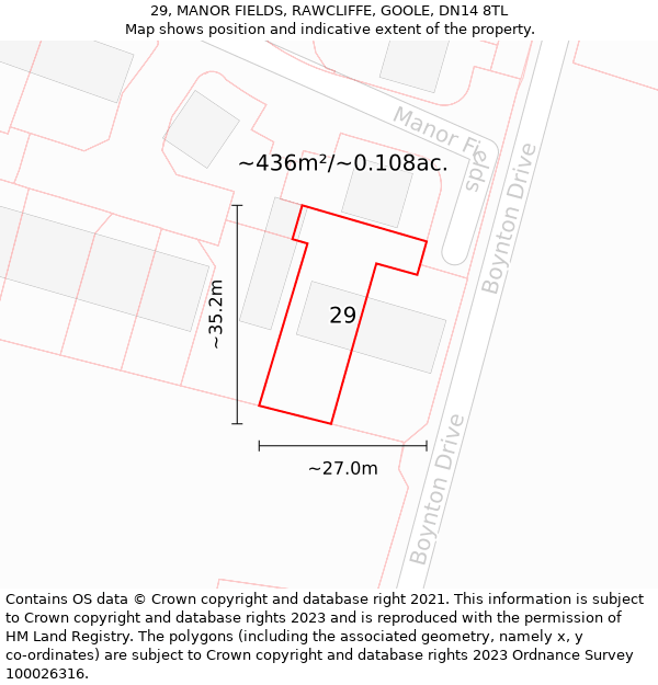 29, MANOR FIELDS, RAWCLIFFE, GOOLE, DN14 8TL: Plot and title map