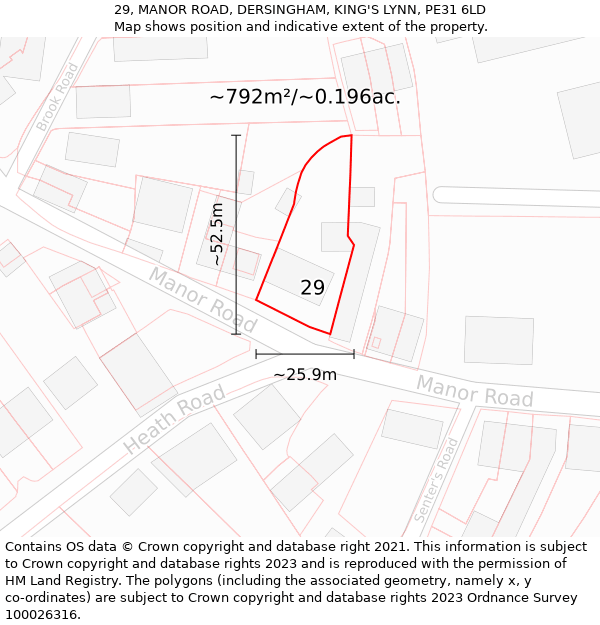 29, MANOR ROAD, DERSINGHAM, KING'S LYNN, PE31 6LD: Plot and title map