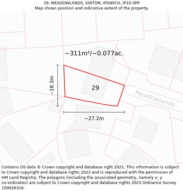 29, MEADOWLANDS, KIRTON, IPSWICH, IP10 0PP: Plot and title map