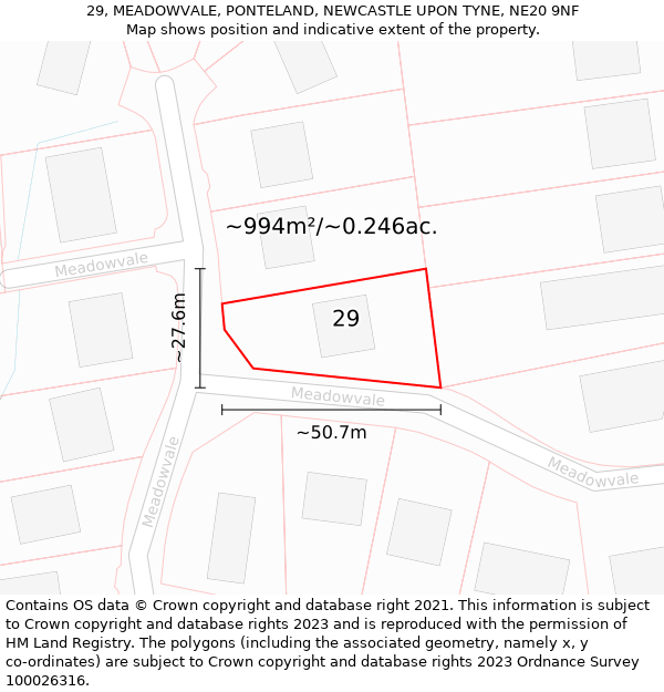 29, MEADOWVALE, PONTELAND, NEWCASTLE UPON TYNE, NE20 9NF: Plot and title map