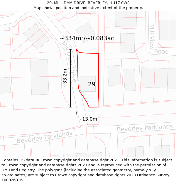 29, MILL DAM DRIVE, BEVERLEY, HU17 0WF: Plot and title map