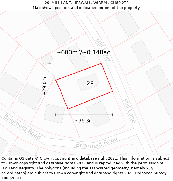 29, MILL LANE, HESWALL, WIRRAL, CH60 2TF: Plot and title map