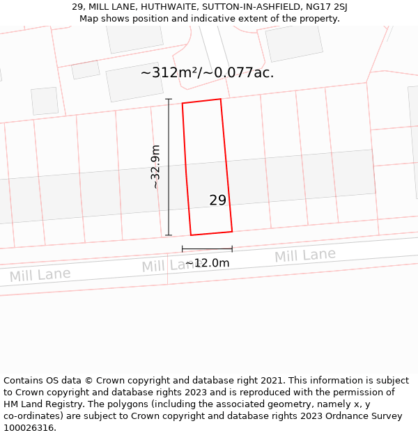 29, MILL LANE, HUTHWAITE, SUTTON-IN-ASHFIELD, NG17 2SJ: Plot and title map