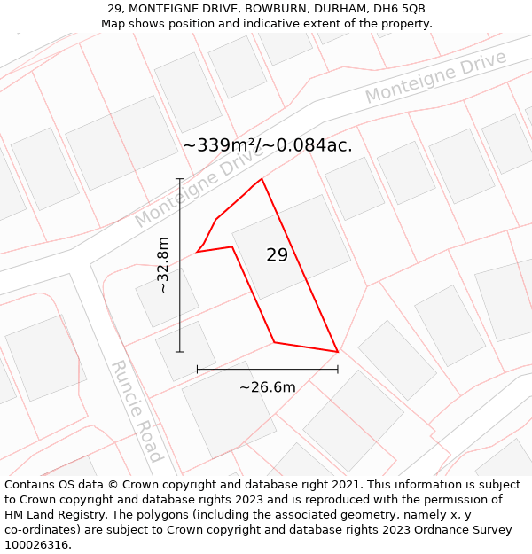 29, MONTEIGNE DRIVE, BOWBURN, DURHAM, DH6 5QB: Plot and title map