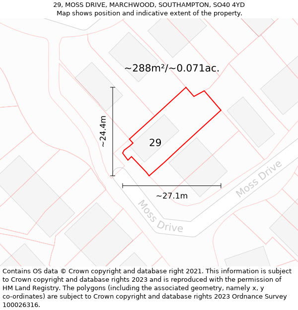 29, MOSS DRIVE, MARCHWOOD, SOUTHAMPTON, SO40 4YD: Plot and title map