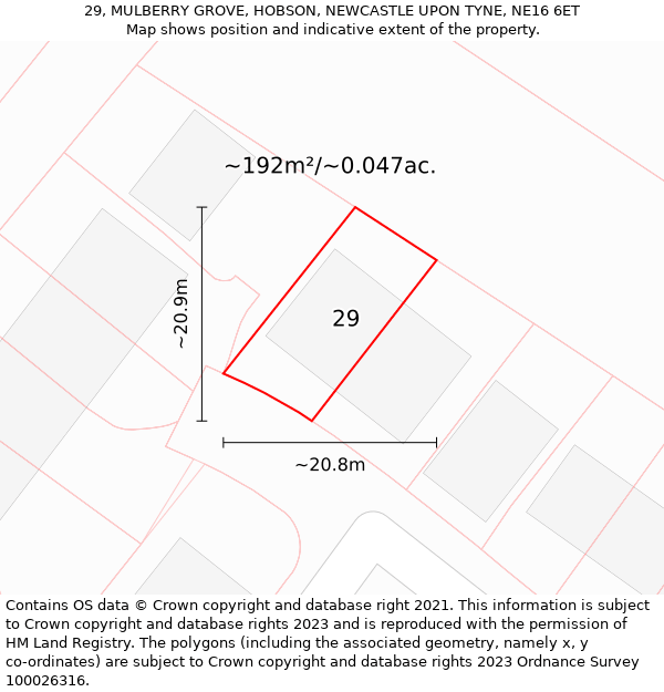 29, MULBERRY GROVE, HOBSON, NEWCASTLE UPON TYNE, NE16 6ET: Plot and title map