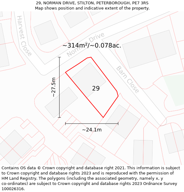 29, NORMAN DRIVE, STILTON, PETERBOROUGH, PE7 3RS: Plot and title map