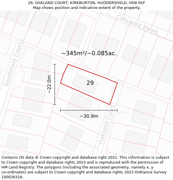 29, OAKLAND COURT, KIRKBURTON, HUDDERSFIELD, HD8 0XF: Plot and title map