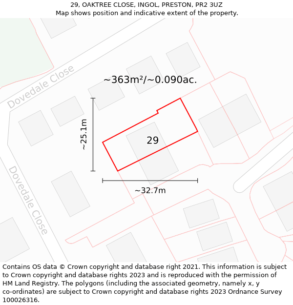 29, OAKTREE CLOSE, INGOL, PRESTON, PR2 3UZ: Plot and title map